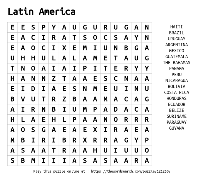 Latin america word search answer key