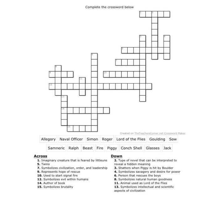 Lord of the flies crossword puzzle answer key