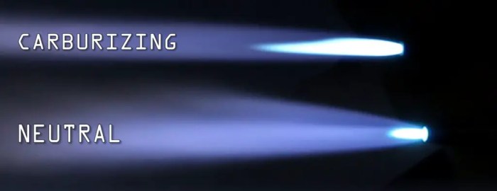 A carburizing flame has a white feather created by