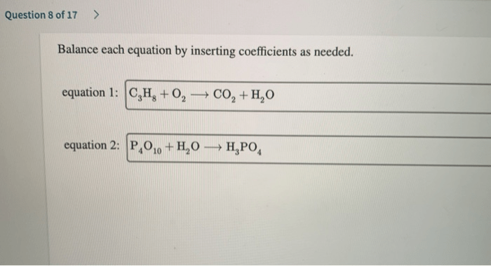 Equation coefficients balance inserting equations h2 solved li h20 co2