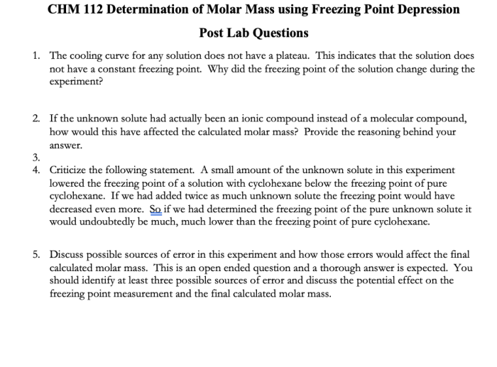 Molar mass by freezing point depression lab answers